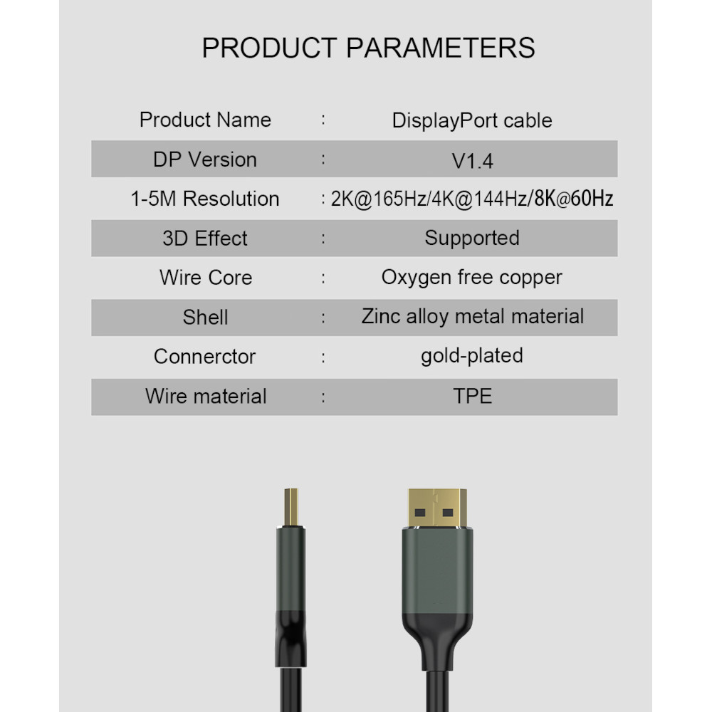 Cabo Display Port Versão 1.4 8K 60Hz 4K 144Hz 2K 165Hz 3m